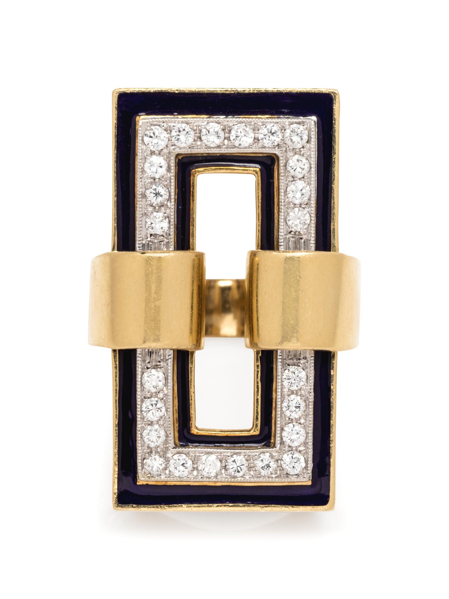 An 18 Karat Yellow Gold, Diamond, and Enamel Ring, Italian,