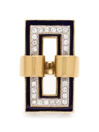 An 18 Karat Yellow Gold, Diamond, and Enamel Ring, Italian,