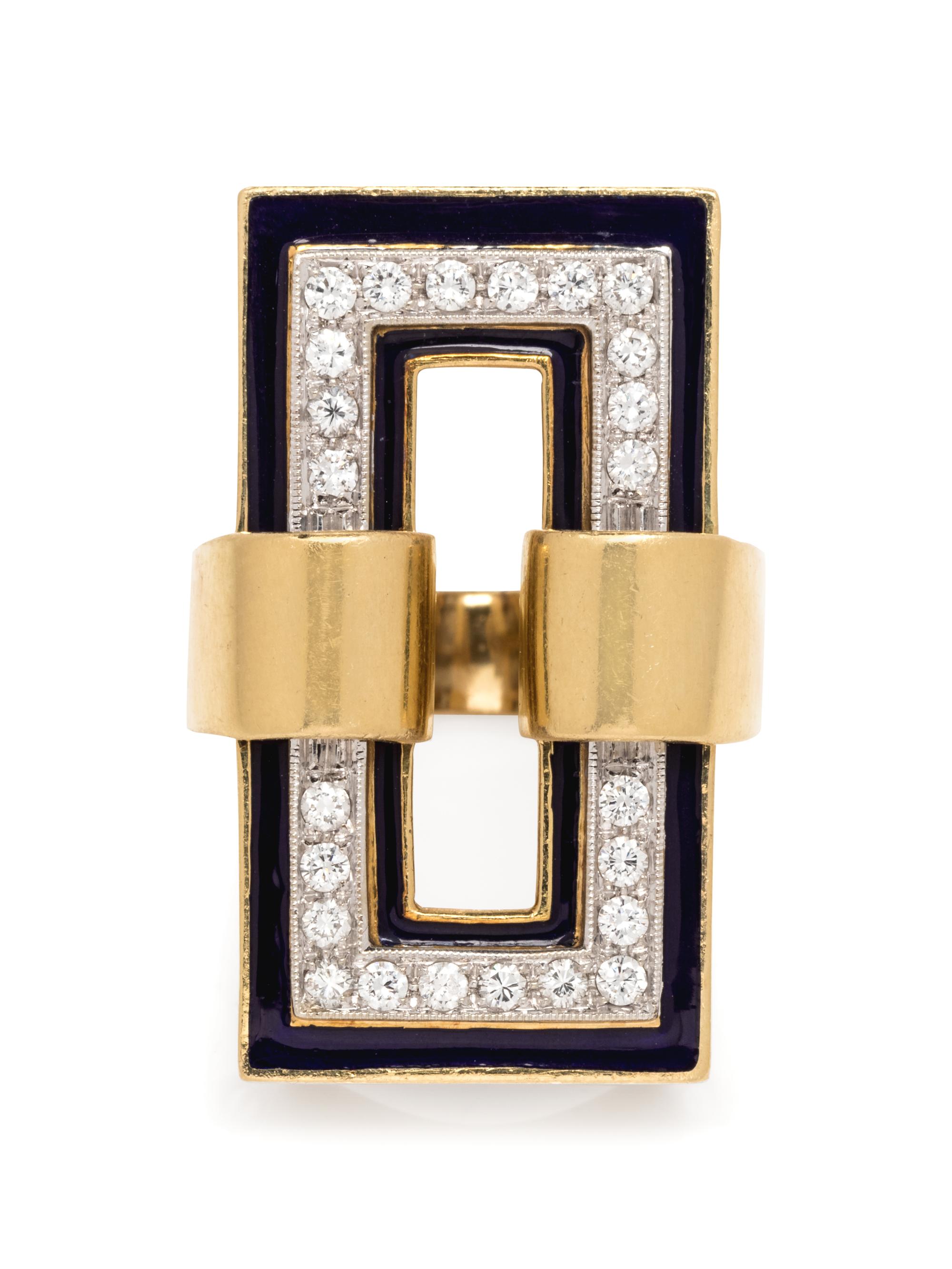 An 18 Karat Yellow Gold, Diamond, and Enamel Ring, Italian,