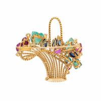 VAN CLEEF & ARPELS, MULTIGEM AND YELLOW GOLD BASKET BROOCH