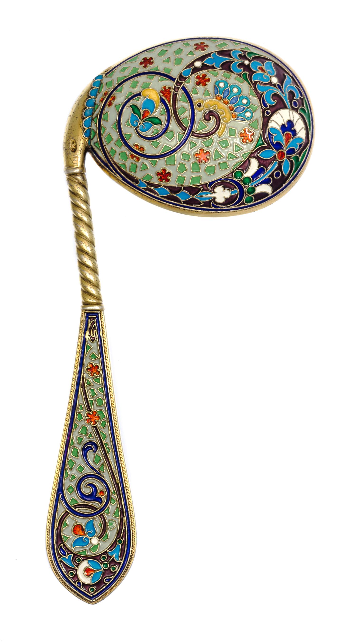 A Russian Silver-Gilt and Enamel Caddy Spoon, Mark of Antip Kuzmichev, kokoshnik mark of Ivan Lebedkin, Moscow, late 19th century, havi