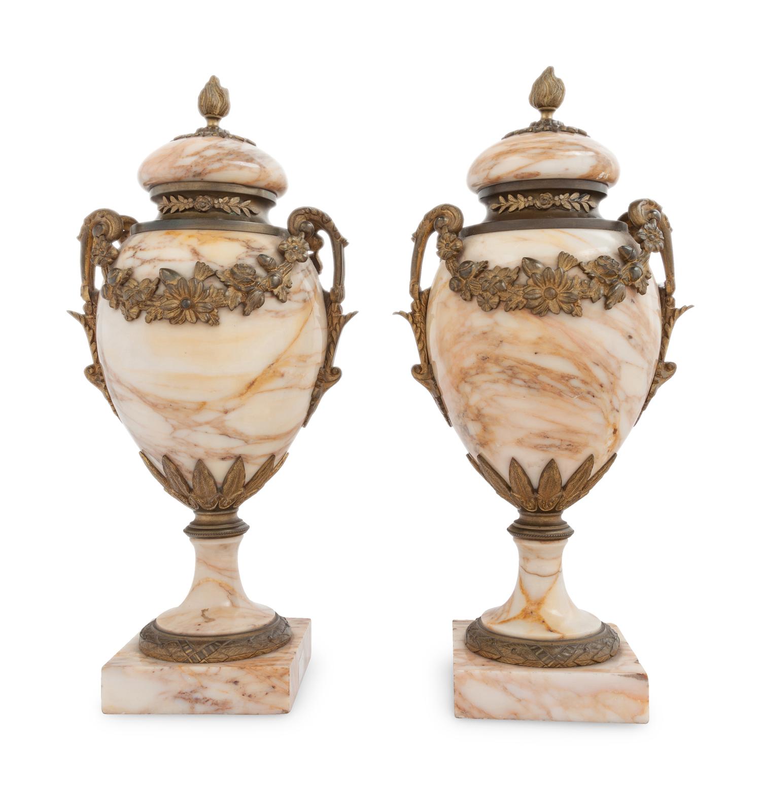 A Pair of Gilt Bronze Mounted Marble Urns