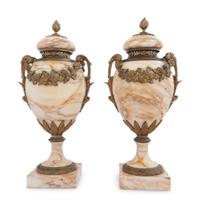 A Pair of Gilt Bronze Mounted Marble Urns