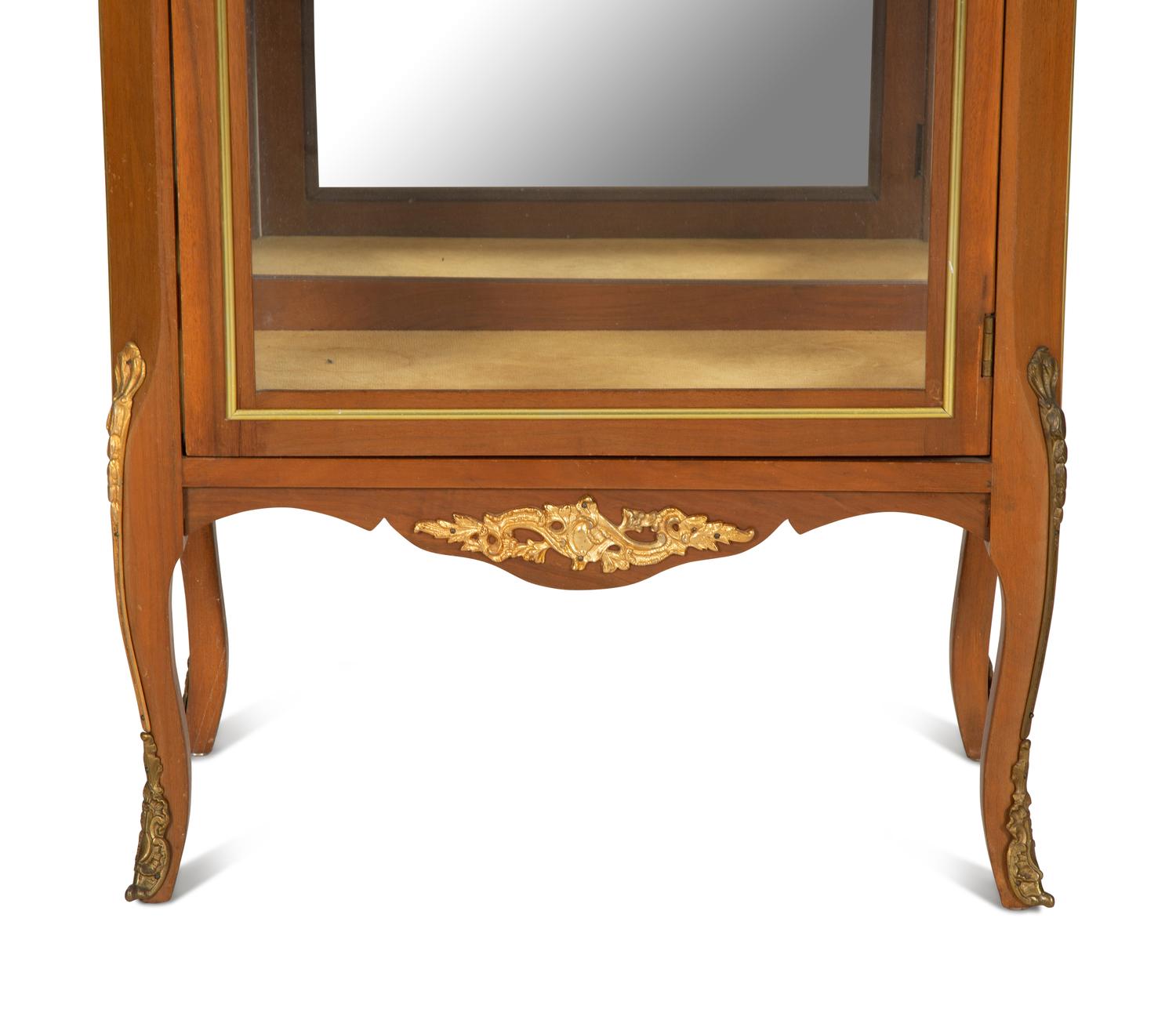 A Louis XV/XVI Transitional Style Gilt-Metal Mounted Mahogany Marble-Top Vitrine Cabinet