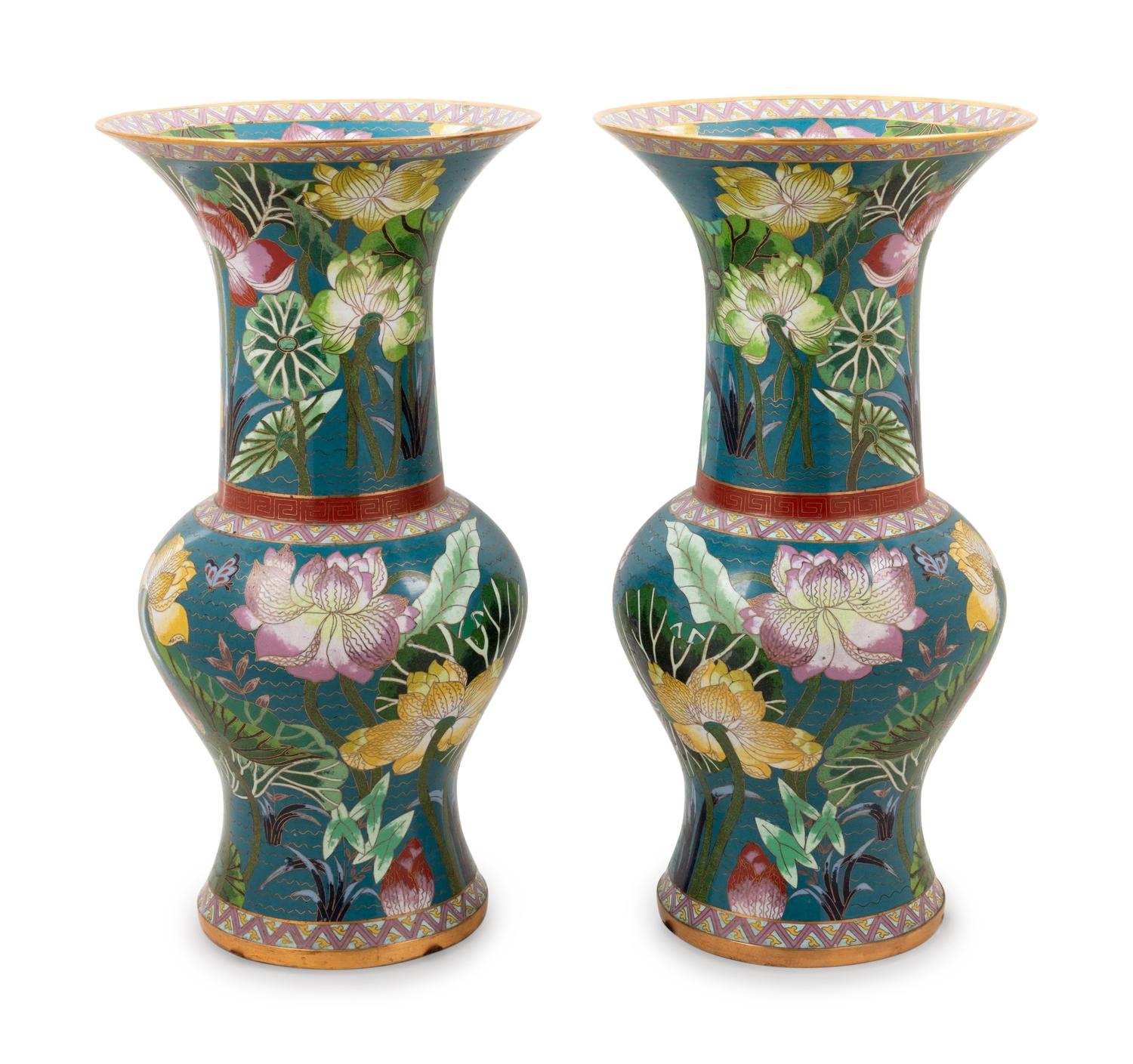 A Pair of Large Chinese Cloisonne Enamel 'Lotus' Yenyen Vases