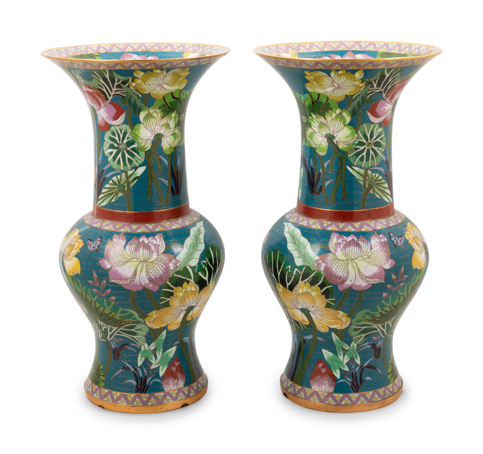 A Pair of Large Chinese Cloisonne Enamel 'Lotus' Yenyen Vases