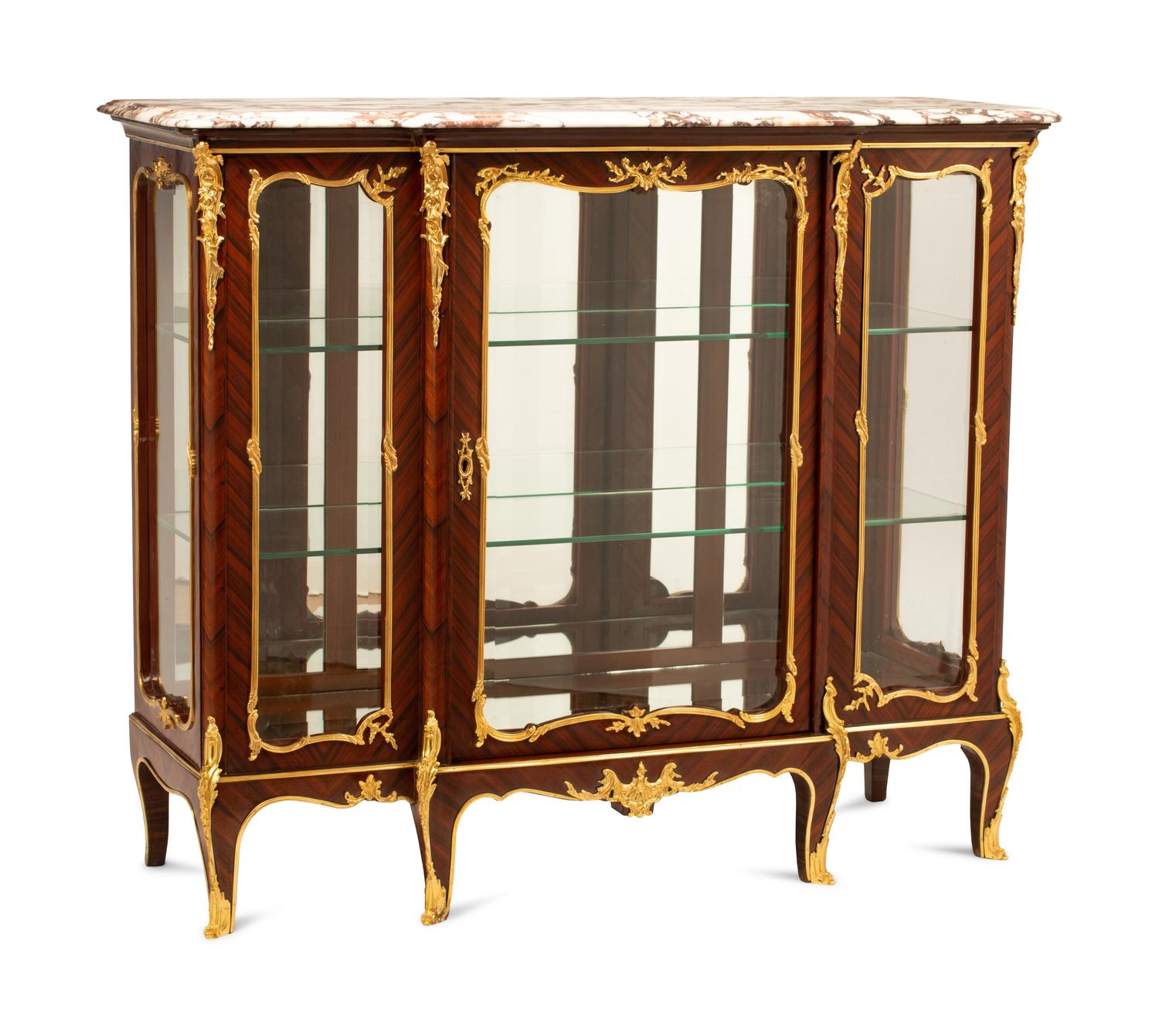 A Louis XV Style Gilt Bronze Mounted Marble-Top Vitrine Cabinet