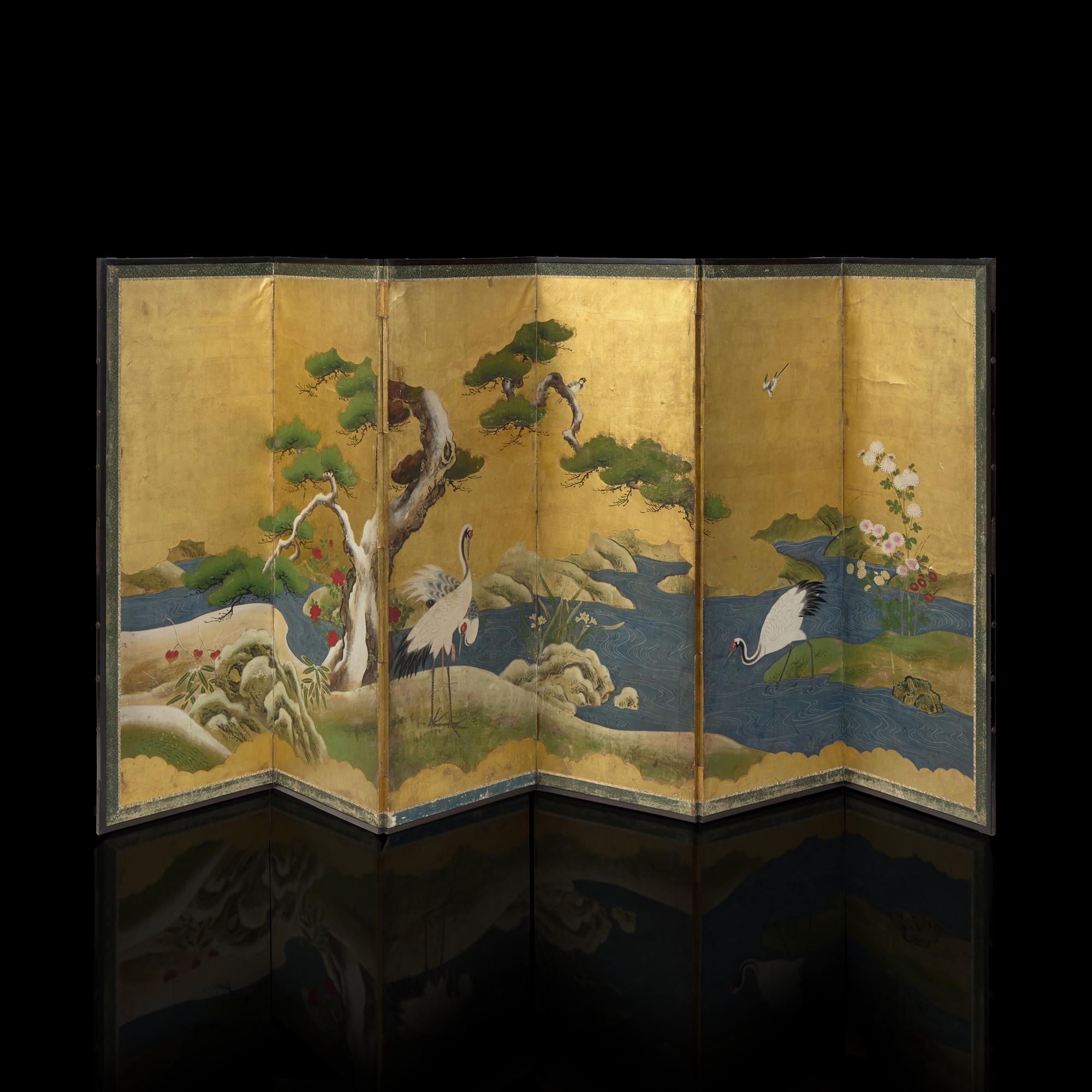 A Japanese Six-Panel Floor Screen, Edo Period 日本江戶時代 松鹤图六扇屏