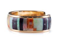 14K Gold Cuff Bracelet, Set with Opal, Spiny Oyster, and Sugilite Mosaic Inlay