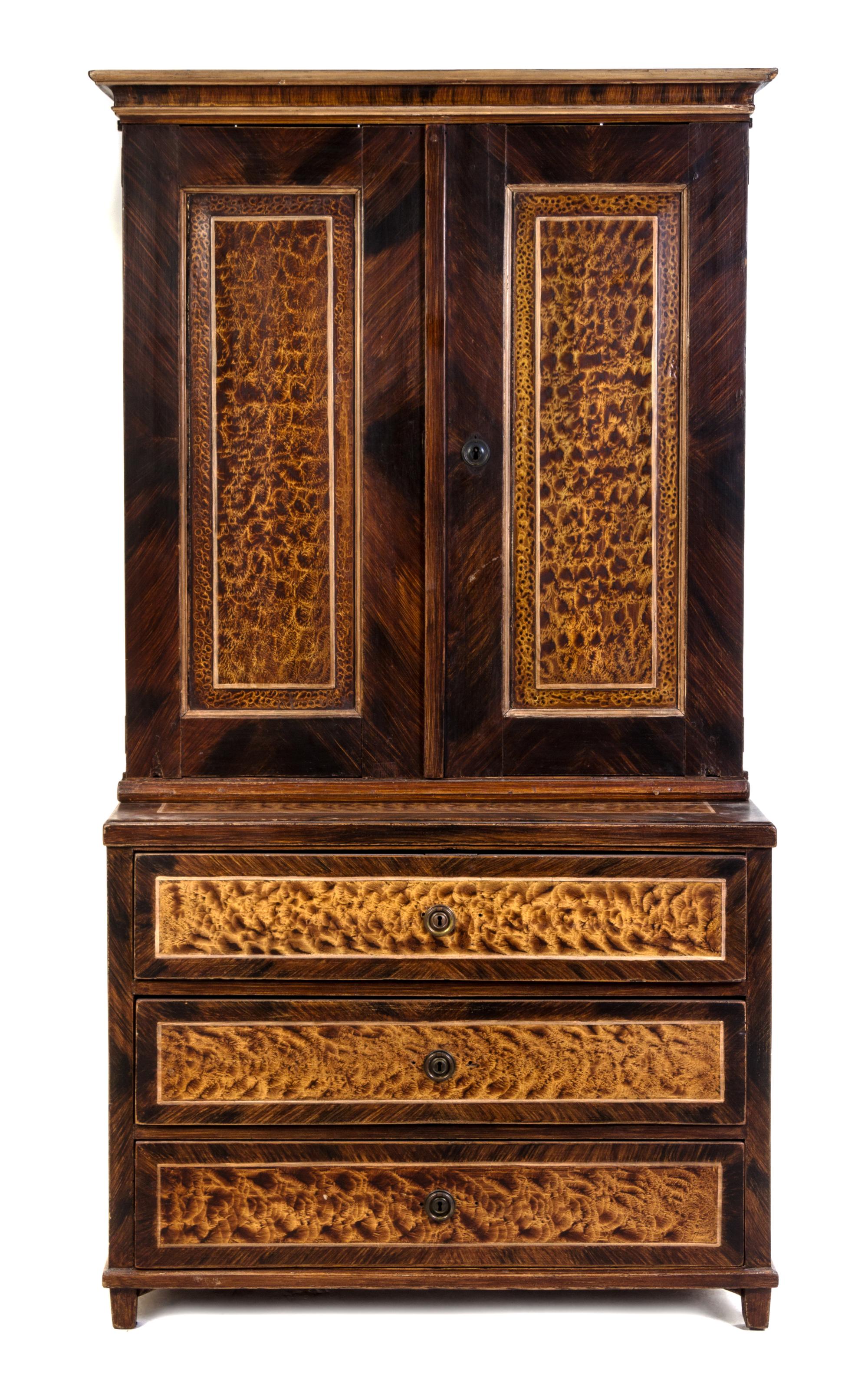 An American Faux Bois Step Back Cupboard Height 78 x width 40 3/8 x depth 20 inches. — LIKELY FIRST HALF 19TH CENTURY