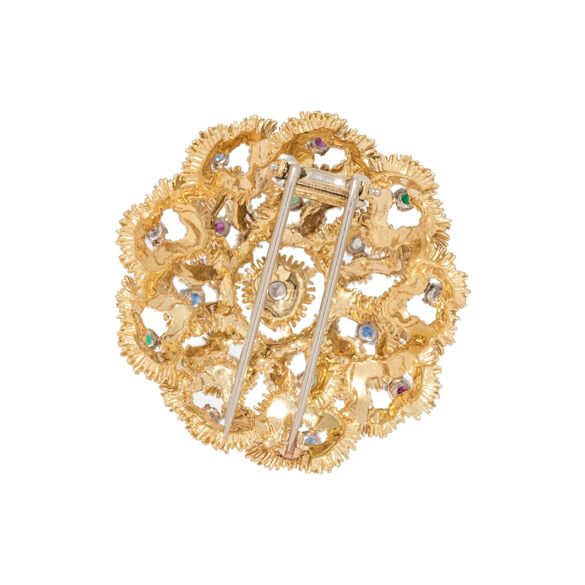 YELLOW GOLD, DIAMOND AND MULTIGEM BROOCH