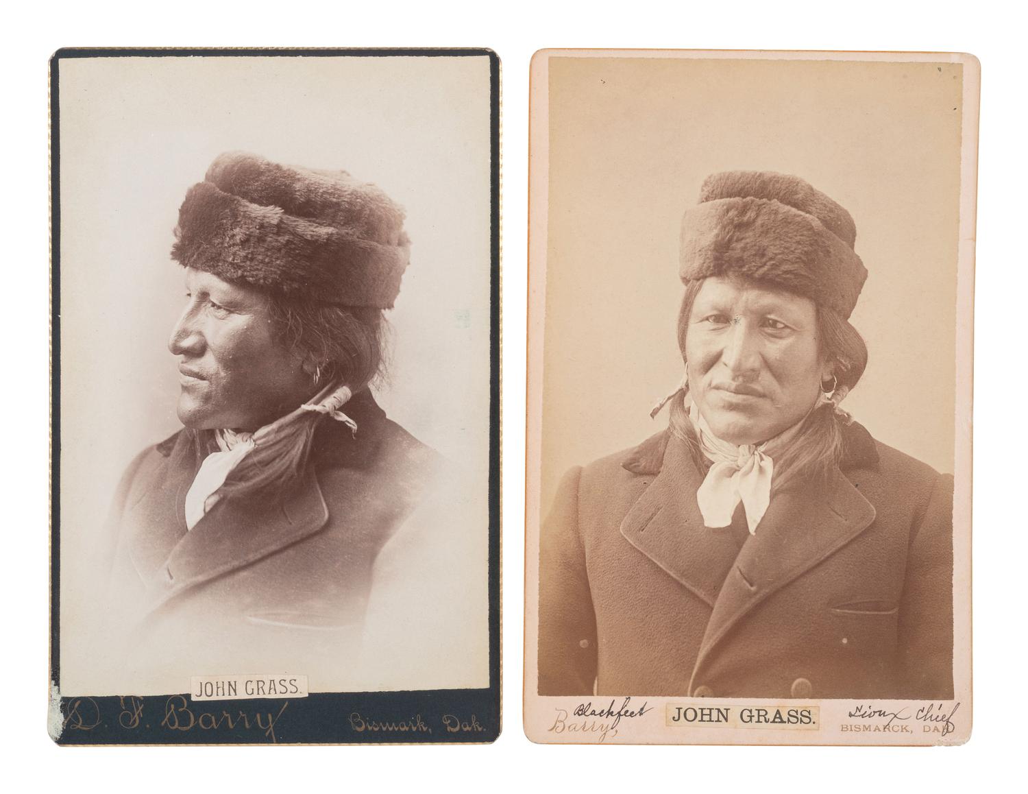 BARRY, David F. (1854-1934), photographer. Two cabinet cards of Lakota Chief John Grass. Bismarck, Dakota.