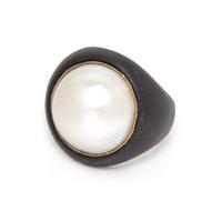 An Art Moderne Blackened Steel, Platinum and Cultured Mabe Pearl Ring, Marsh & Co., 9.90 dwts.