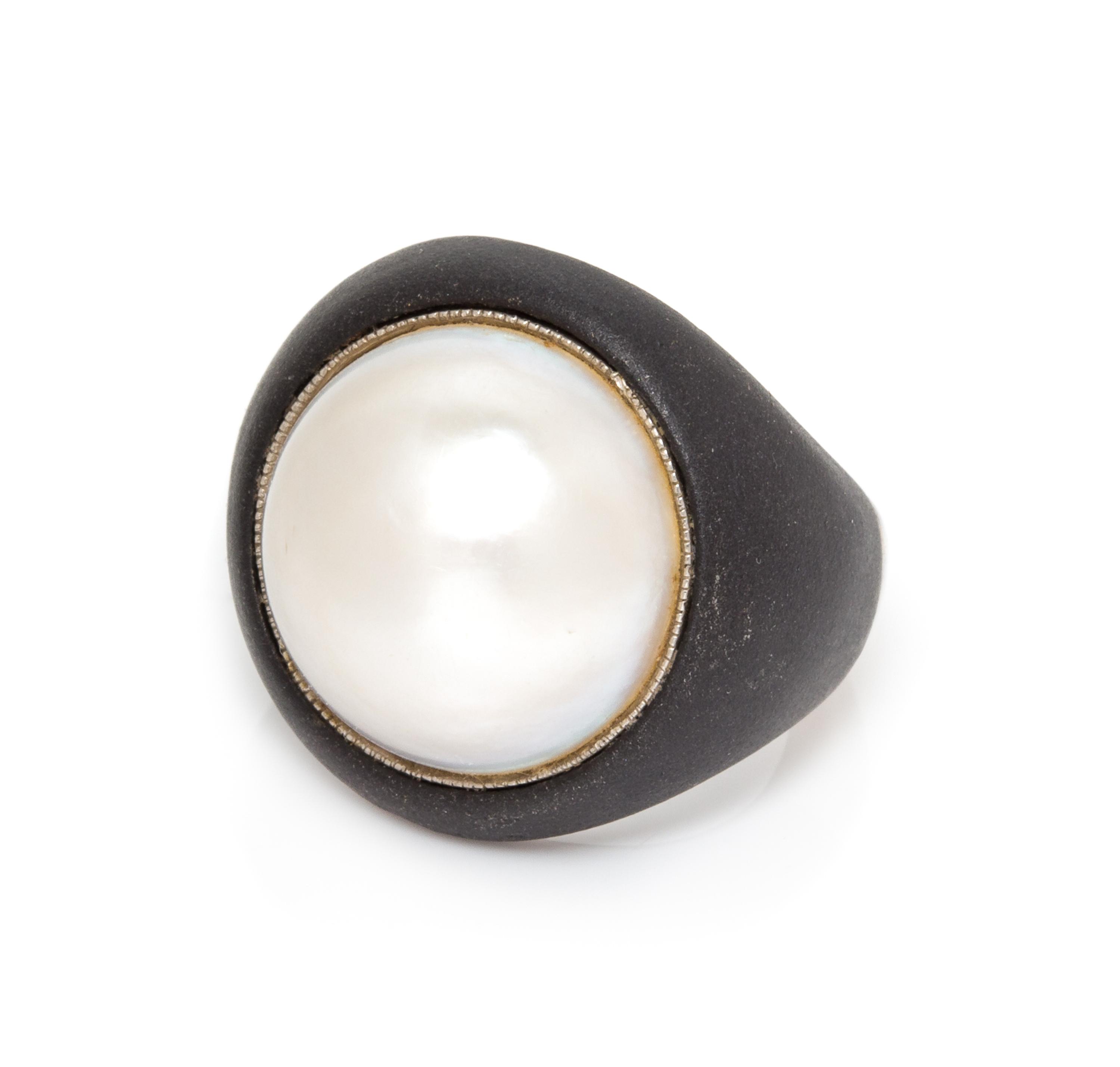 An Art Moderne Blackened Steel, Platinum and Cultured Mabe Pearl Ring, Marsh & Co., 9.90 dwts.