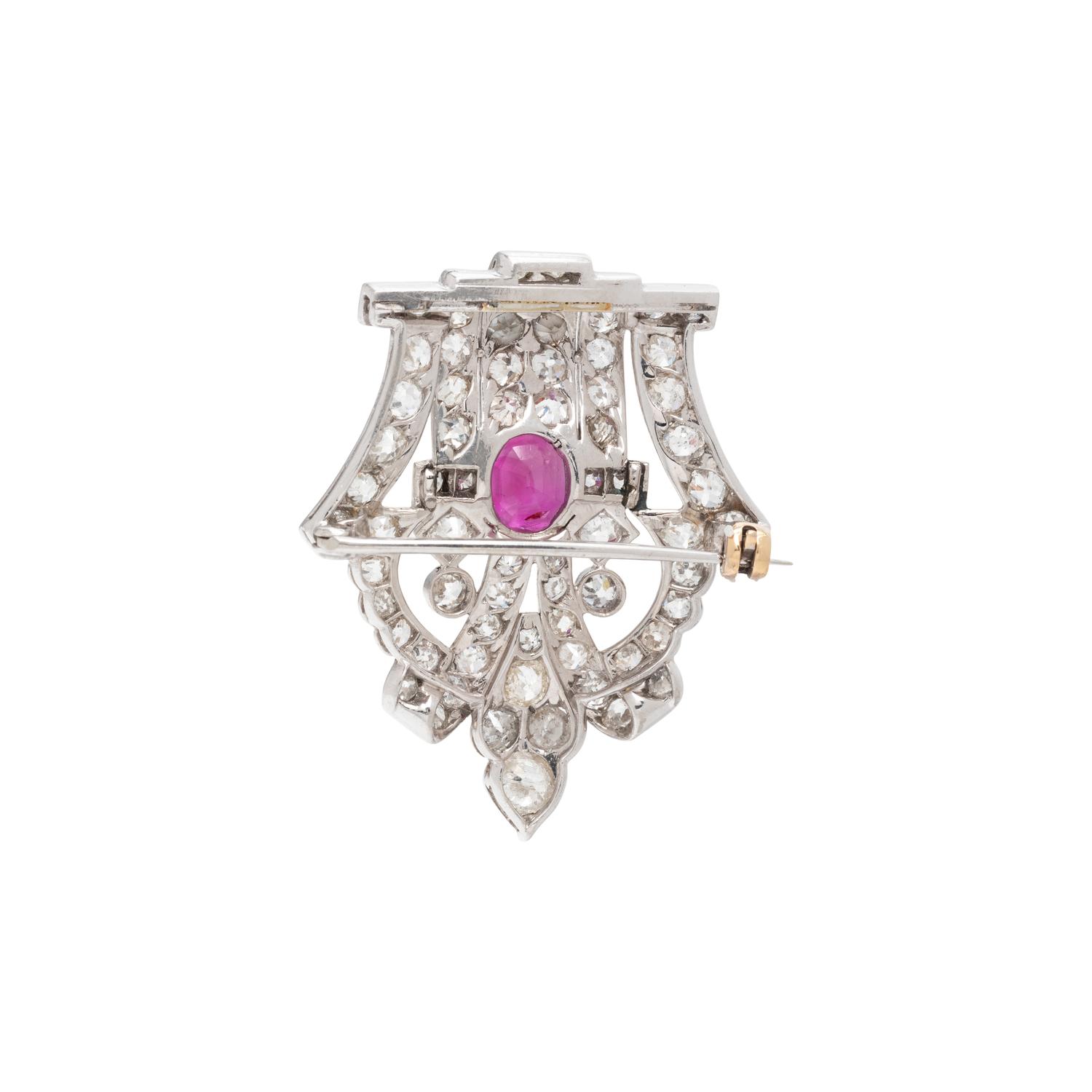 ART DECO, RUBY AND DIAMOND BROOCH