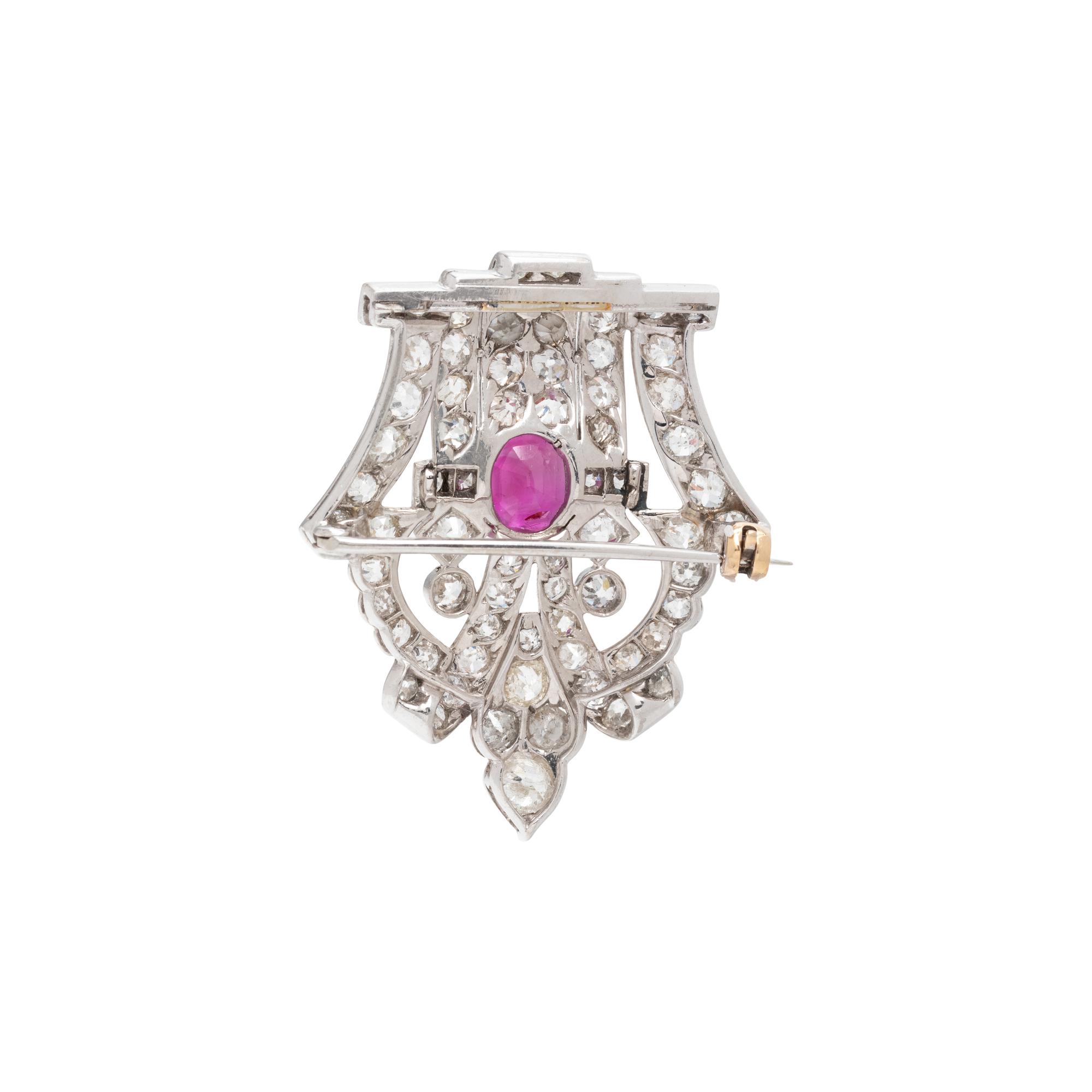 ART DECO, RUBY AND DIAMOND BROOCH