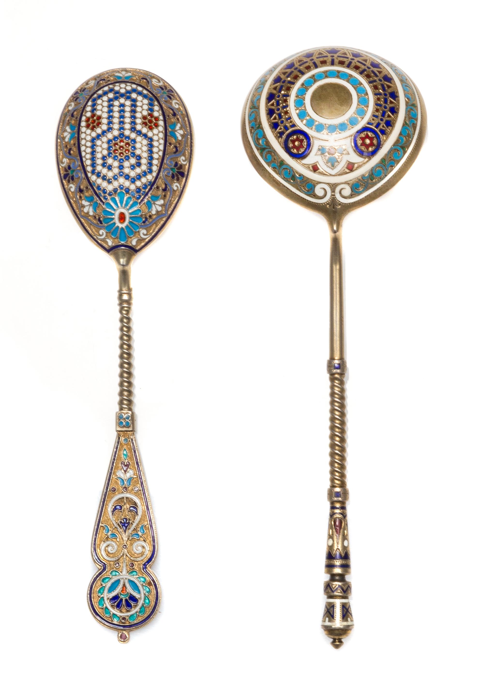 Two Russian Silver-Gilt and Enamel Spoons, Maker's mark Cyrillic AK, Moscow, late 19th/early 20th century, each having a polychrome ena