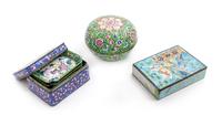 Three Chinese Enamel on Metal Boxes and Covers Height of largest 1 1/4 x width 3 1/2 x depth 4 3/4 inches.