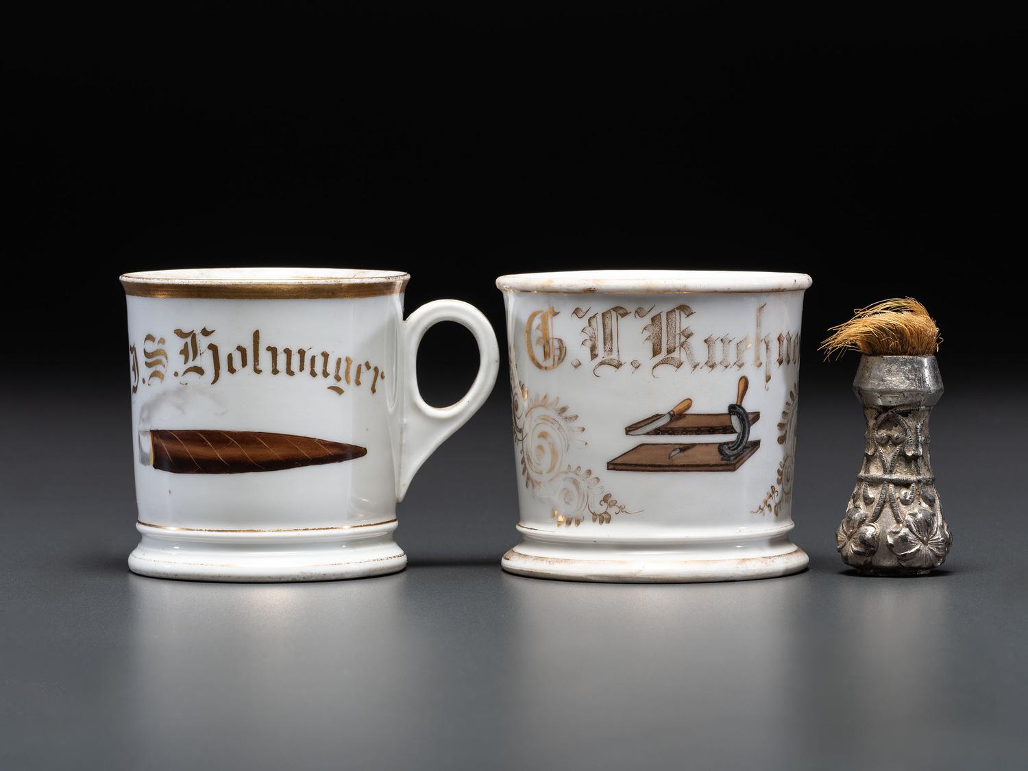 Two Tobacco Related Porcelain Occupational Shaving Mugs