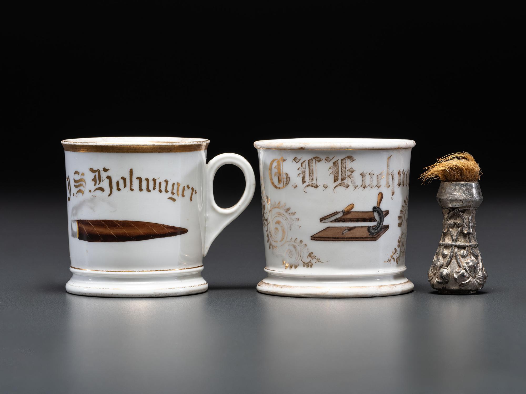 Two Tobacco Related Porcelain Occupational Shaving Mugs
