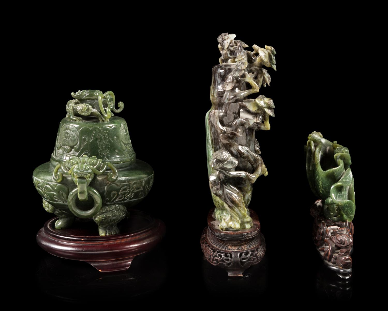 Three Chinese Carved Green Jade and Jadeite Articles