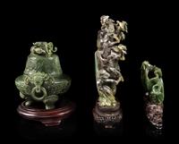 Three Chinese Carved Green Jade and Jadeite Articles