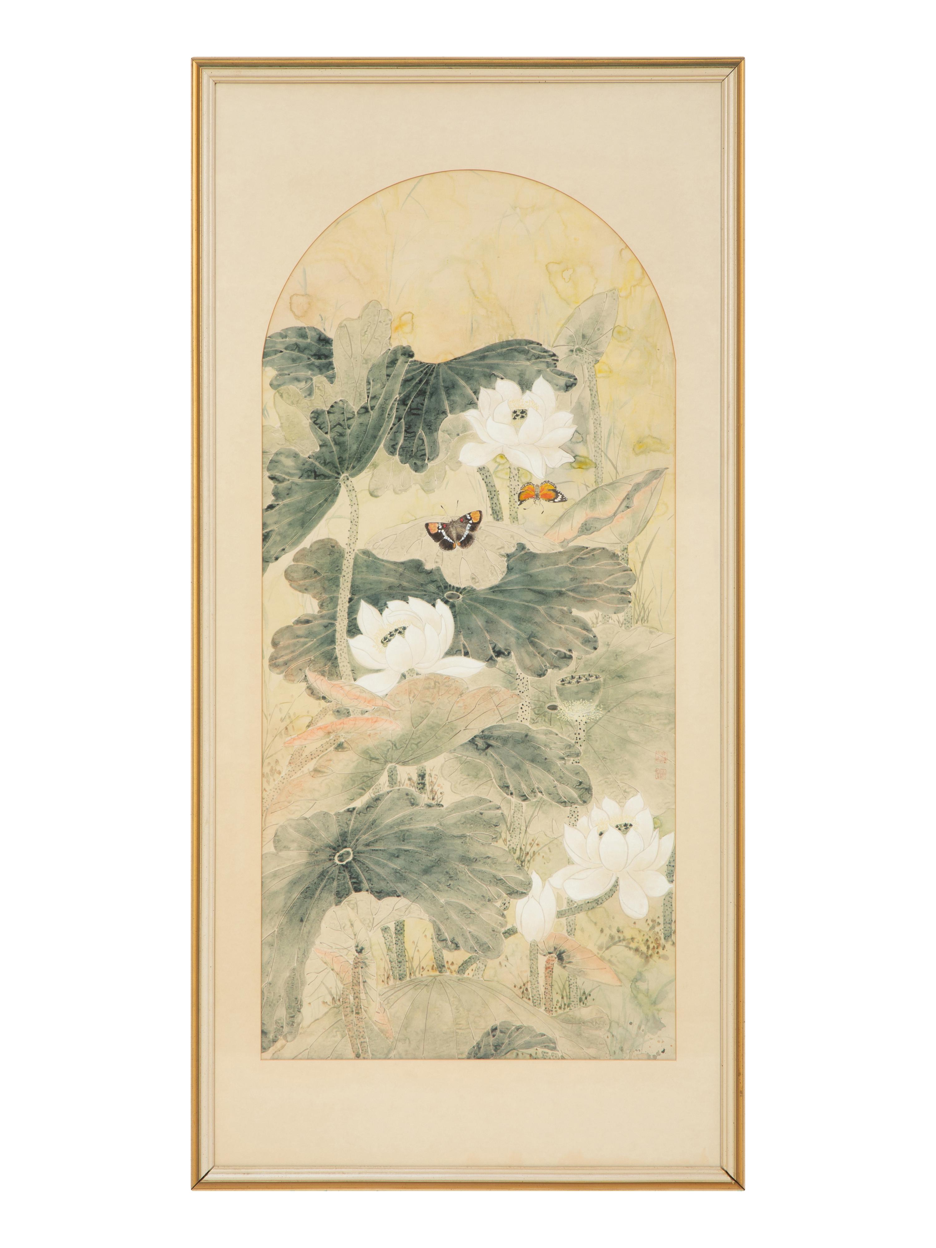 Cecilia Lin (Taiwanese, 20th Century) — Still Lives with Water Lilies and Butterflies (a pair)