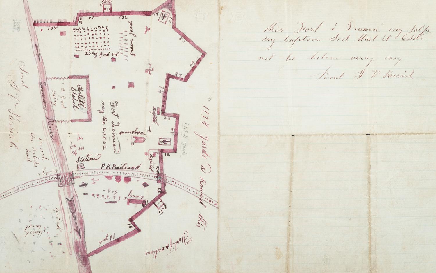 [CIVIL WAR]. Hand-drawn map of Fort Lamine by Joseph V. Parrish, Company, G, 26th Indiana Infantry. Fort Lamine, MO, 2 May 1862.