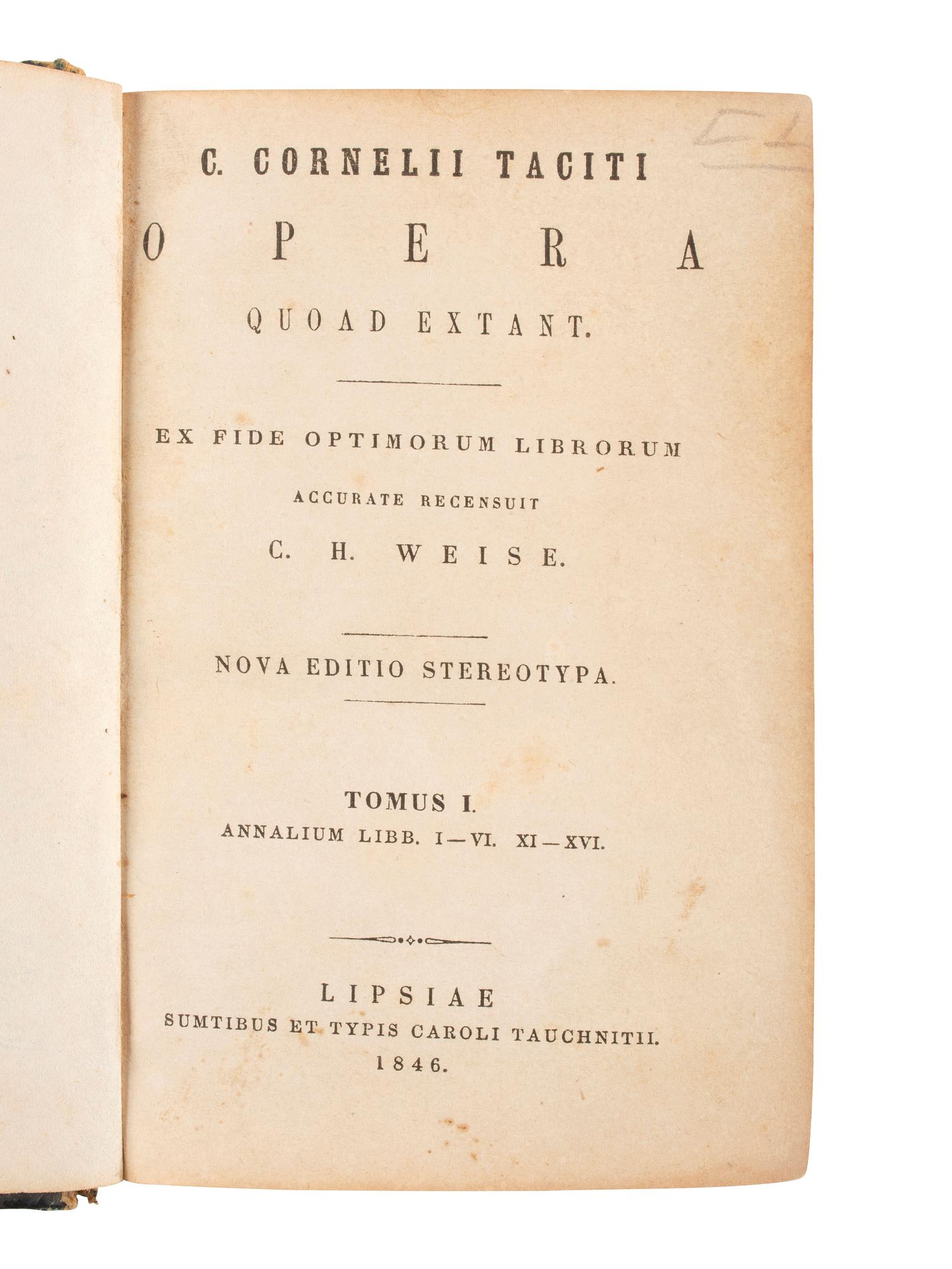 [CIVIL WAR]. TACITUS, Publius Cornelius (ca 56-ca 120). Opera. Leipzig: Karl Tauchnitz, 1846. Copy owned by 3 VMI Cadets who served in Virginia regiments, SIGNED by Col. PRESTON and Dr. MADISON.