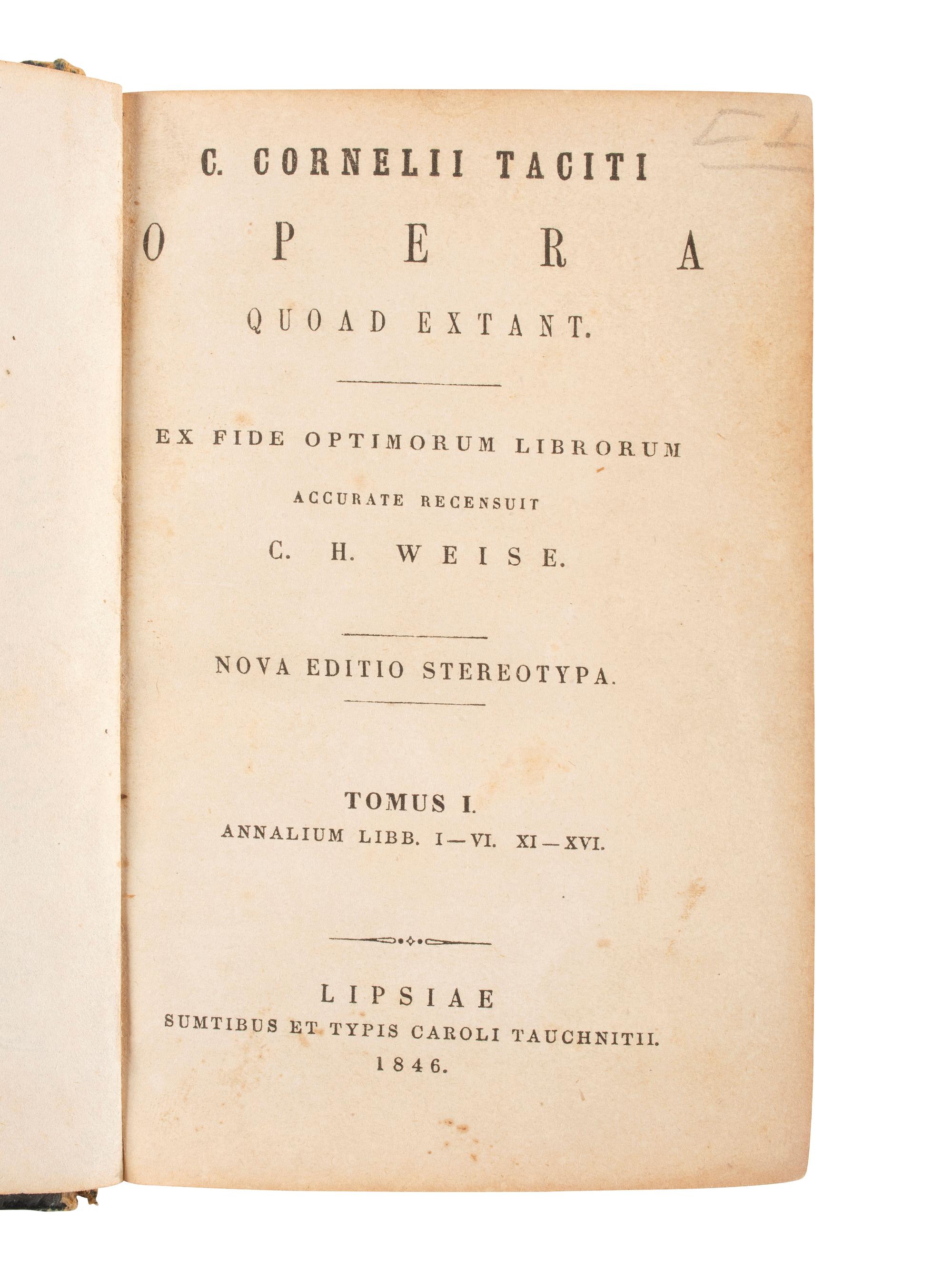 [CIVIL WAR]. TACITUS, Publius Cornelius (ca 56-ca 120). Opera. Leipzig: Karl Tauchnitz, 1846. Copy owned by 3 VMI Cadets who served in Virginia regiments, SIGNED by Col. PRESTON and Dr. MADISON.
