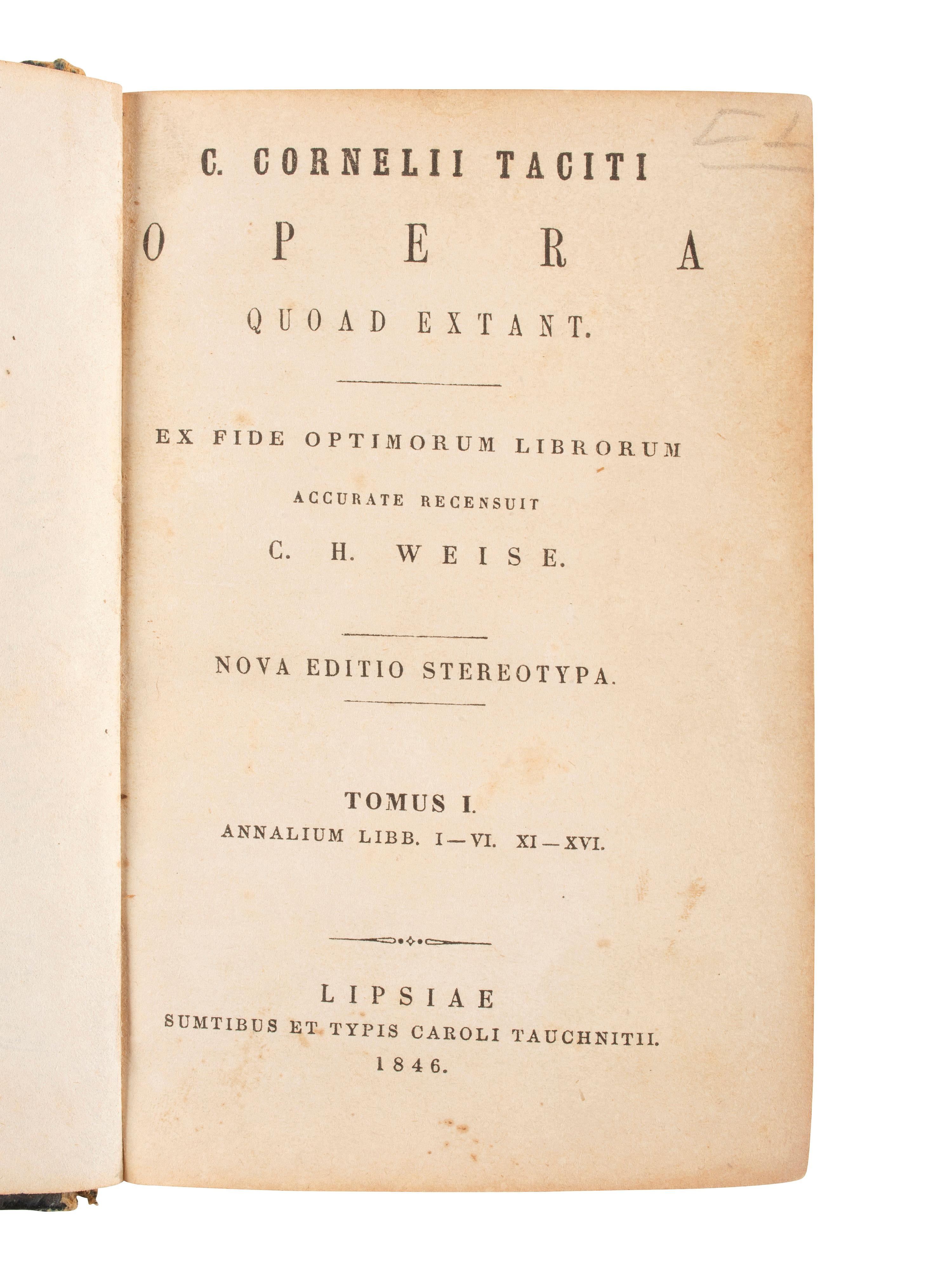 [CIVIL WAR]. TACITUS, Publius Cornelius (ca 56-ca 120). Opera. Leipzig: Karl Tauchnitz, 1846. Copy owned by 3 VMI Cadets who served in Virginia regiments, SIGNED by Col. PRESTON and Dr. MADISON.