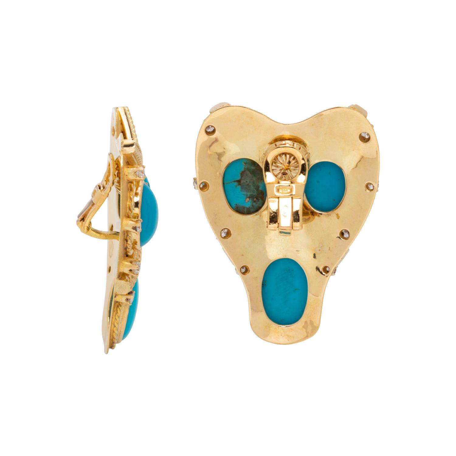 YELLOW GOLD, TURQUOISE AND DIAMOND EARCLIPS