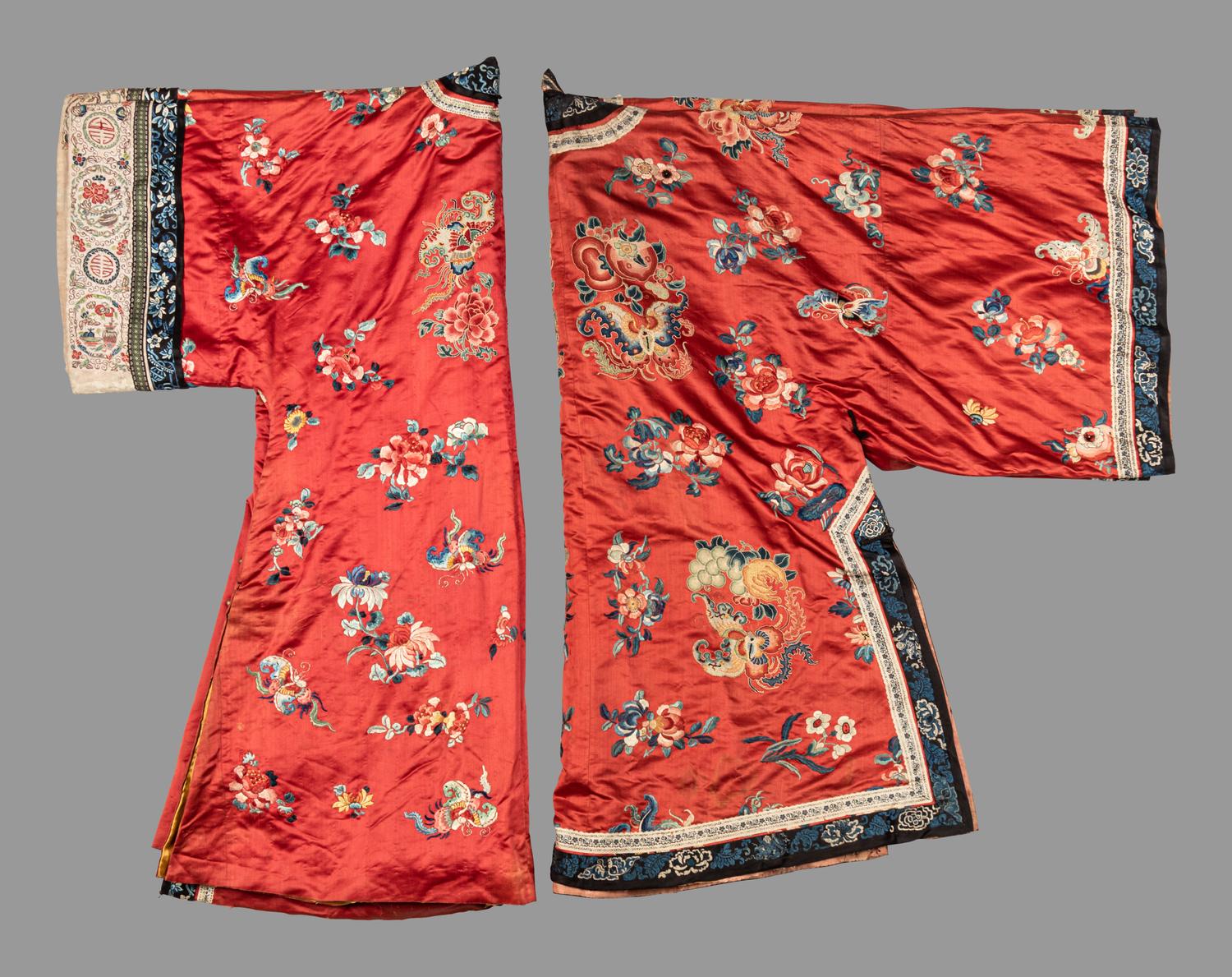 Two Red Ground Embroidered Silk Lady's Robes