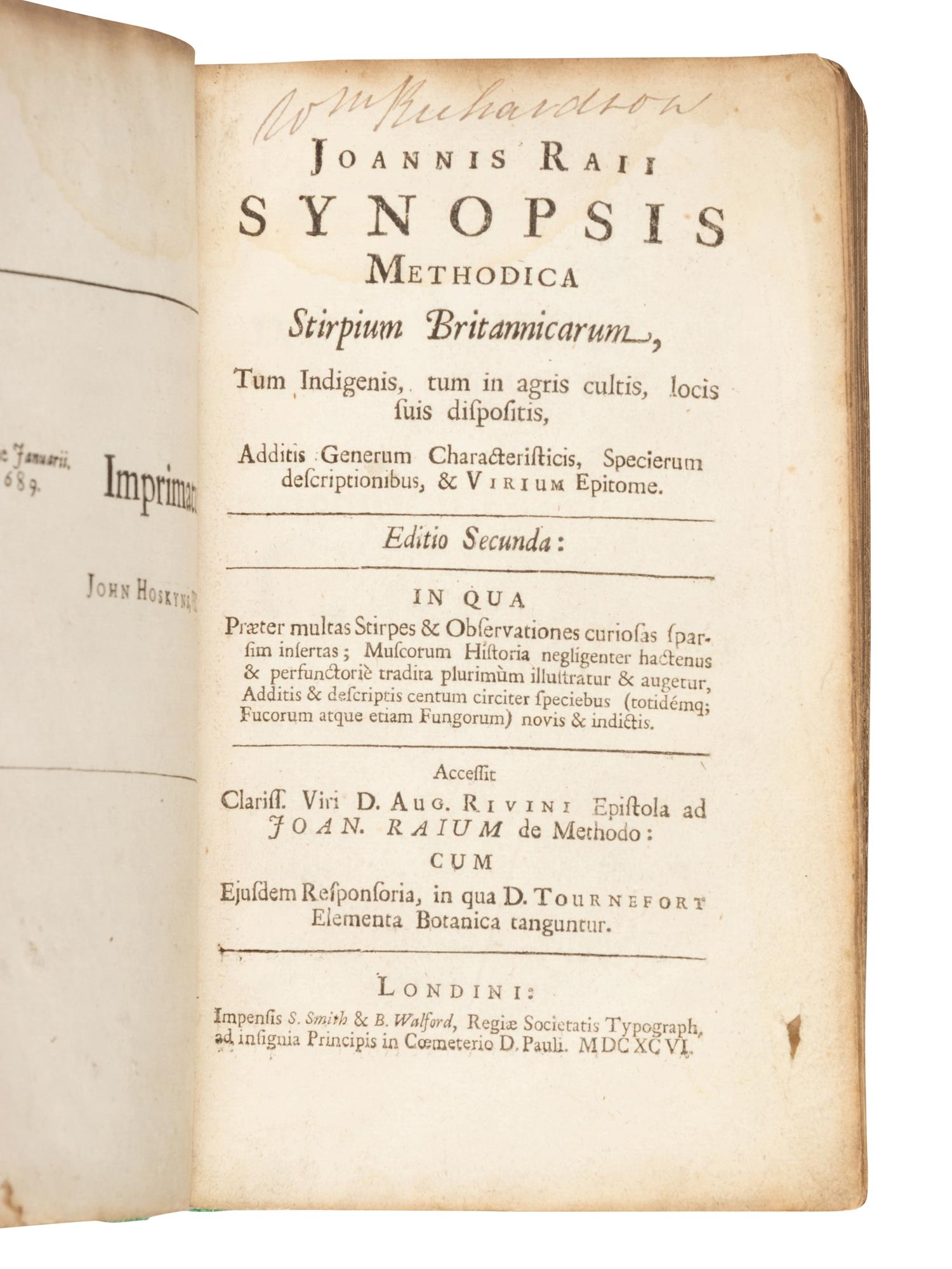 RAY, John (1627-1705). Synopsis Methodica Stirpium Britannicarum . London: S. Smith & B. Walford, 1696.