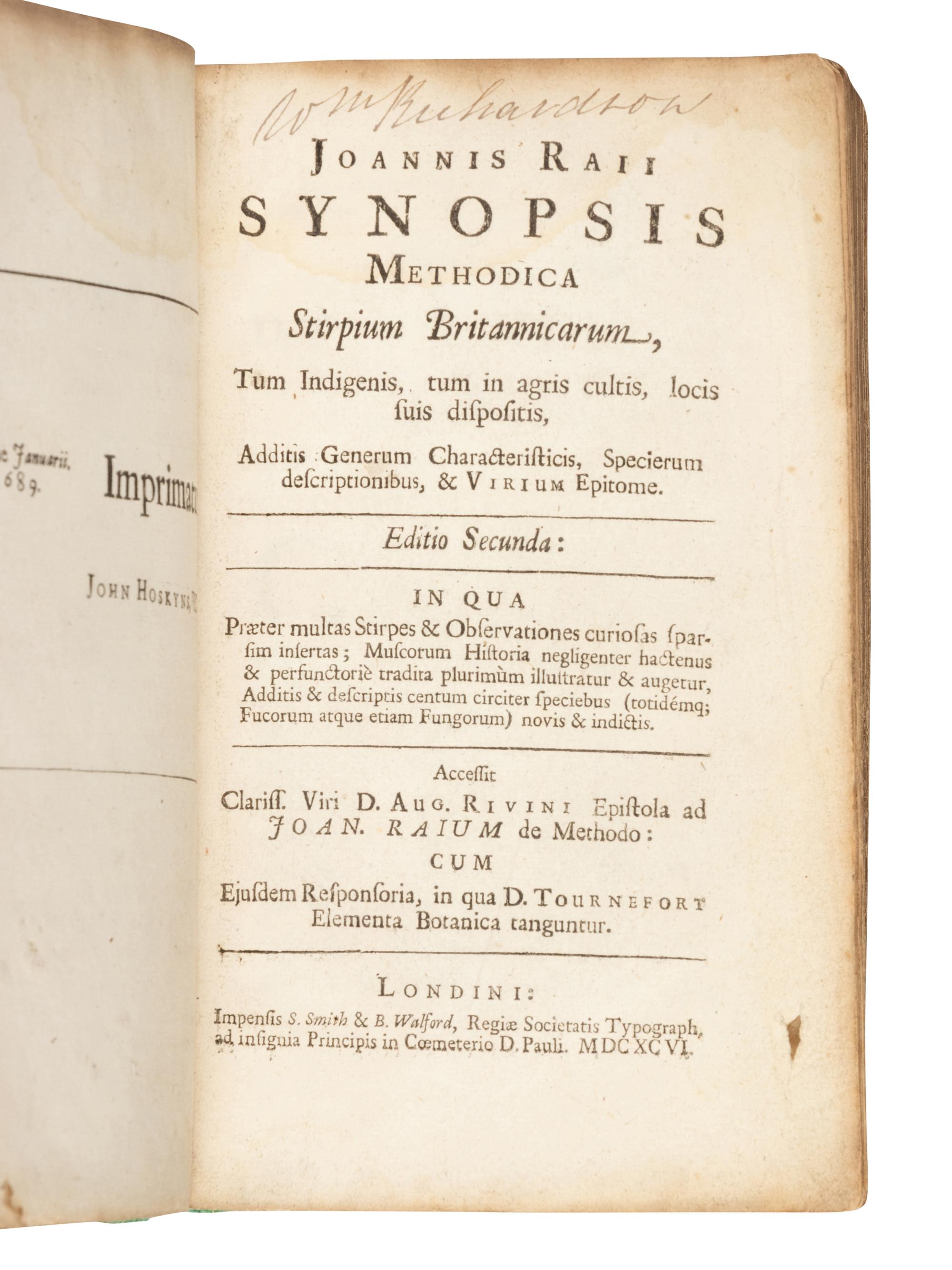 RAY, John (1627-1705). Synopsis Methodica Stirpium Britannicarum . London: S. Smith & B. Walford, 1696.