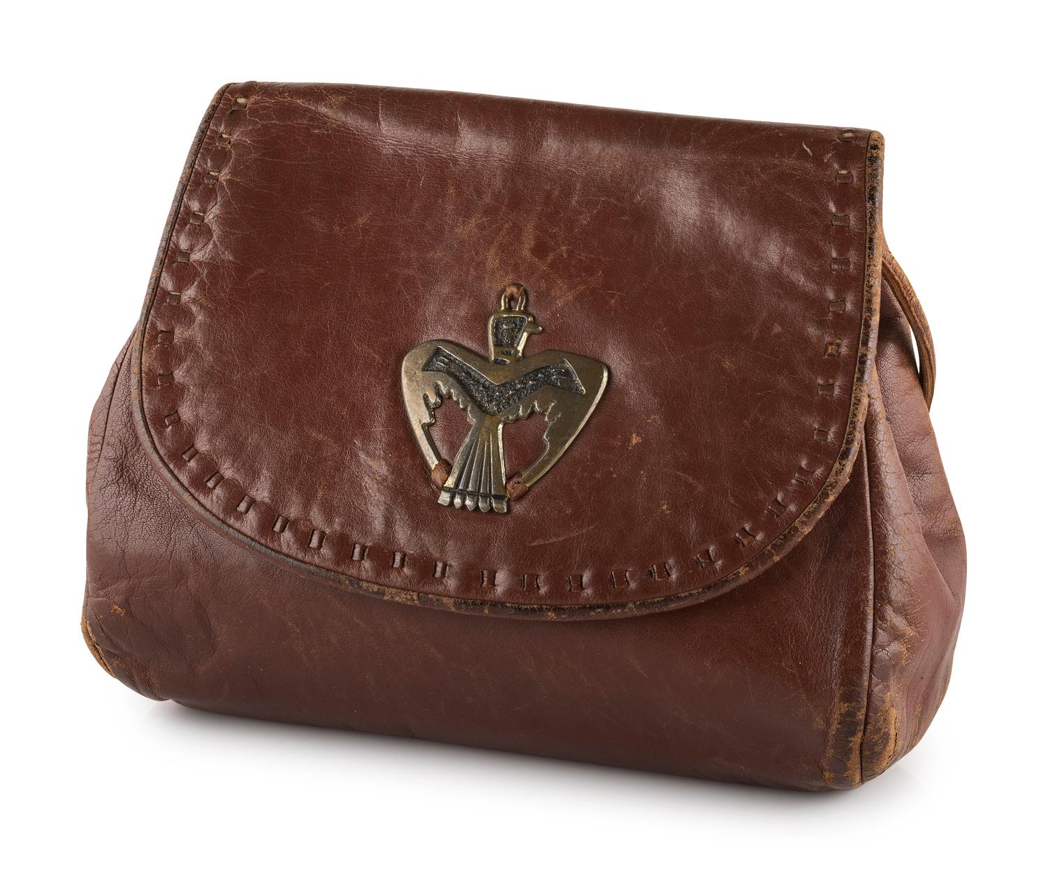 Brown Leather Drawstring Purse, with Brass Thunderbird Decoration