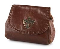 Brown Leather Drawstring Purse, with Brass Thunderbird Decoration