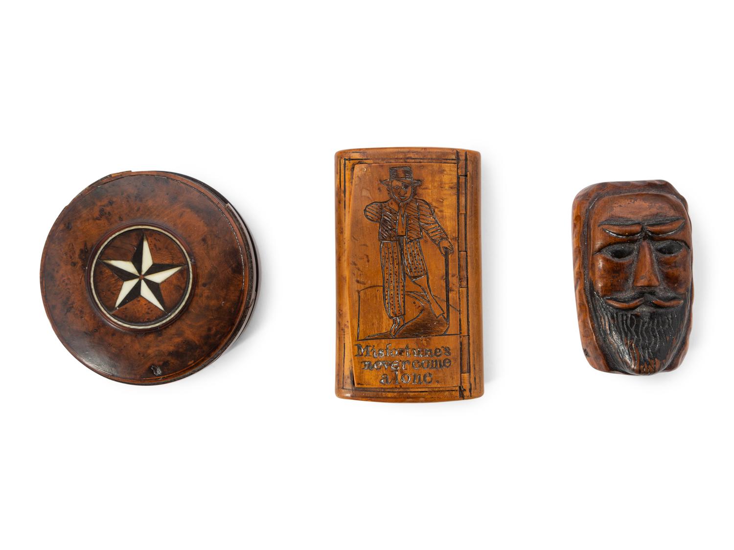 A Group of 8 Folk Art Carved Snuff Boxes and Pipe Stems
