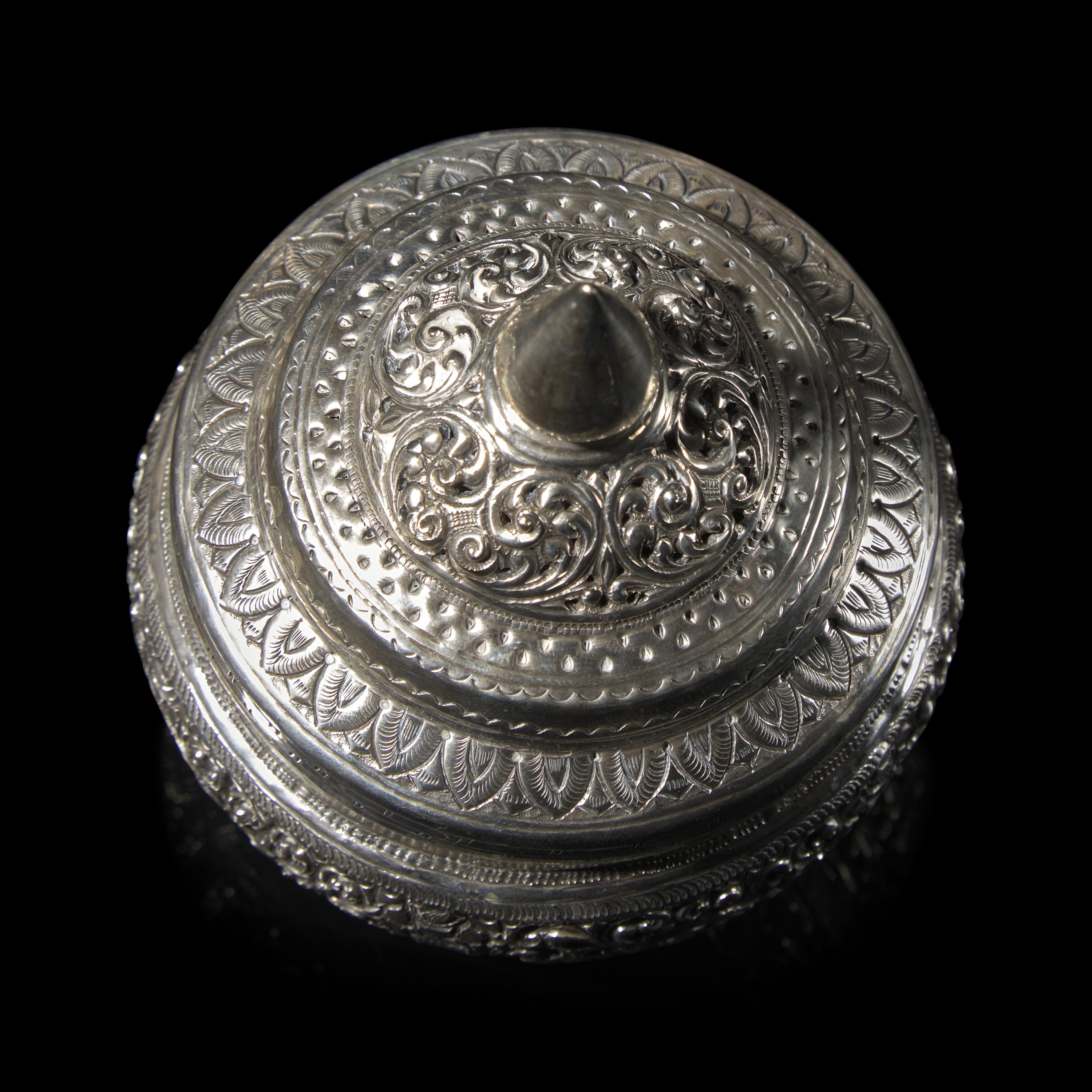 Two Burmese Silver Boxes, a Metal Bowl, and Two Silver Covered Vessels