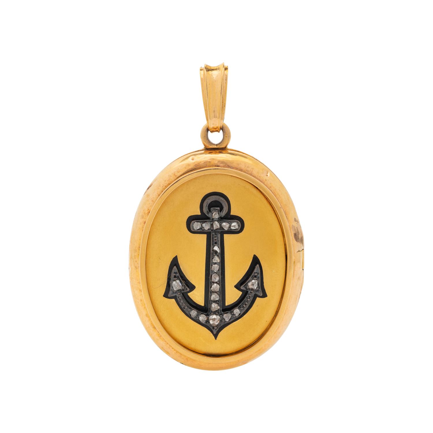 YELLOW GOLD, SILVER AND DIAMOND ANCHOR MOTIF LOCKET