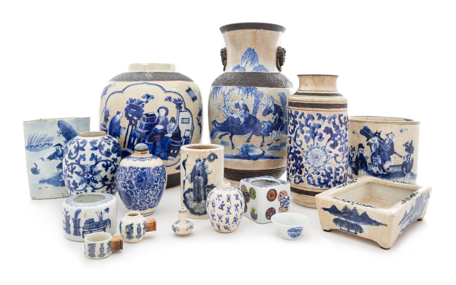 Sixteen Chinese Blue and White Porcelain Articles Height of largest 14 1/2 inches. — 19TH CENTURY
