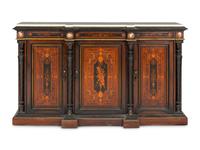 A Victorian Renaissance Revival Marquetry Inlaid and Parcel Ebonized Credenza in the Manner of Herter Brothers
