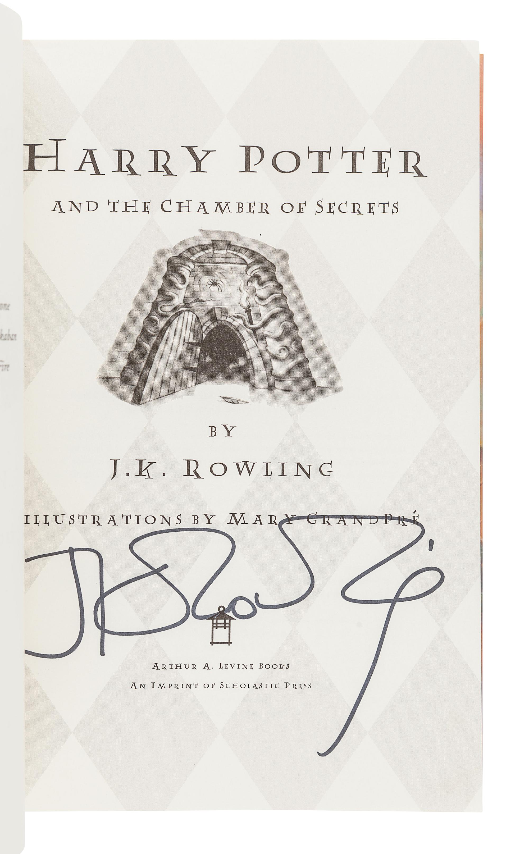 ROWLING, J.K. Harry Potter and the Chamber of Secrets. New York: Scholastic, 2002. Later American edition, with number sequence starting with 60 on copyright page. In a later dust jacket with "Year 2" on the spine, and priced "22.95. SIGNED BY ROWLING on title-page.