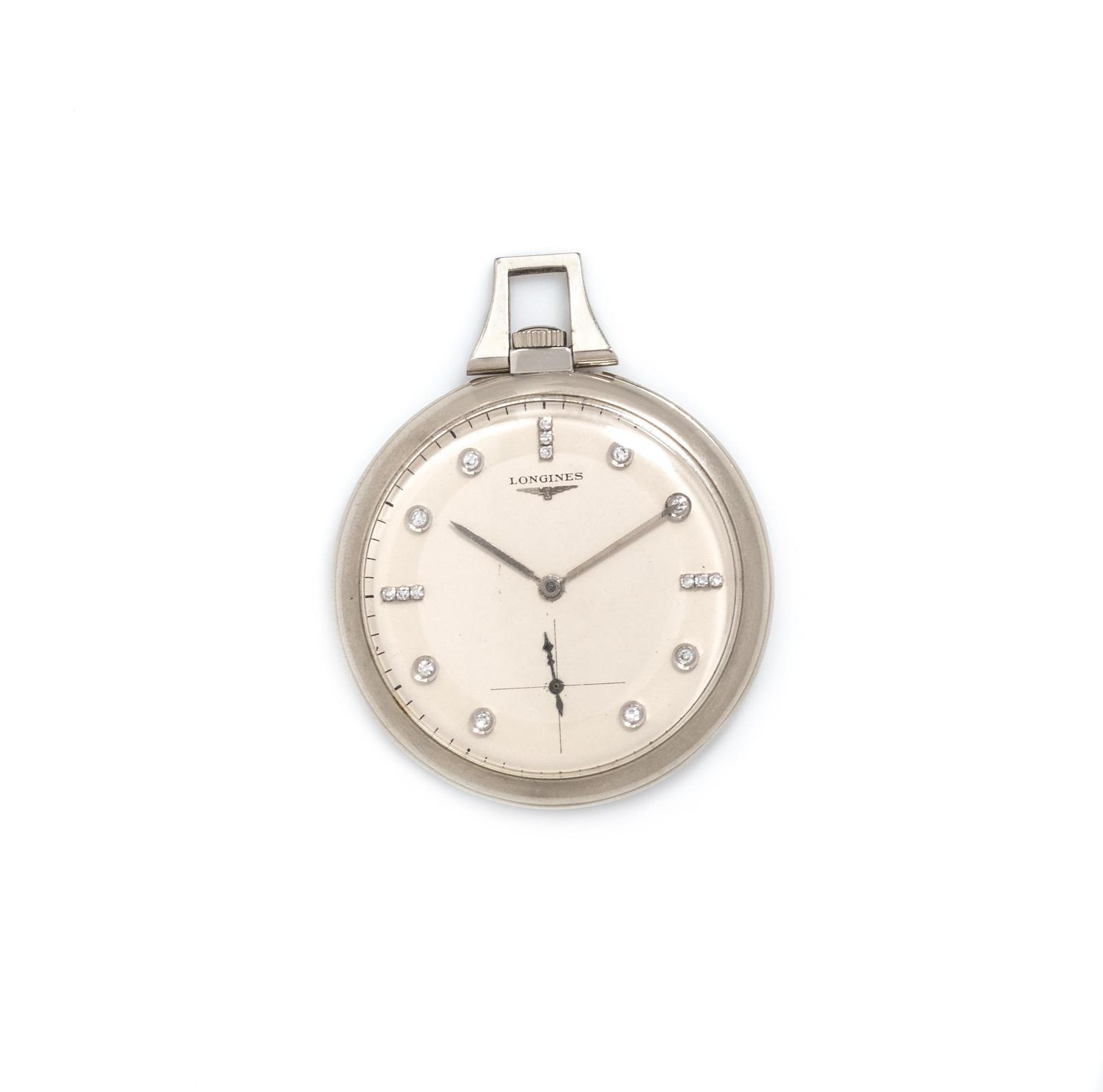 LONGINES, 14K WHITE GOLD AND DIAMOND OPEN FACE POCKET WATCH