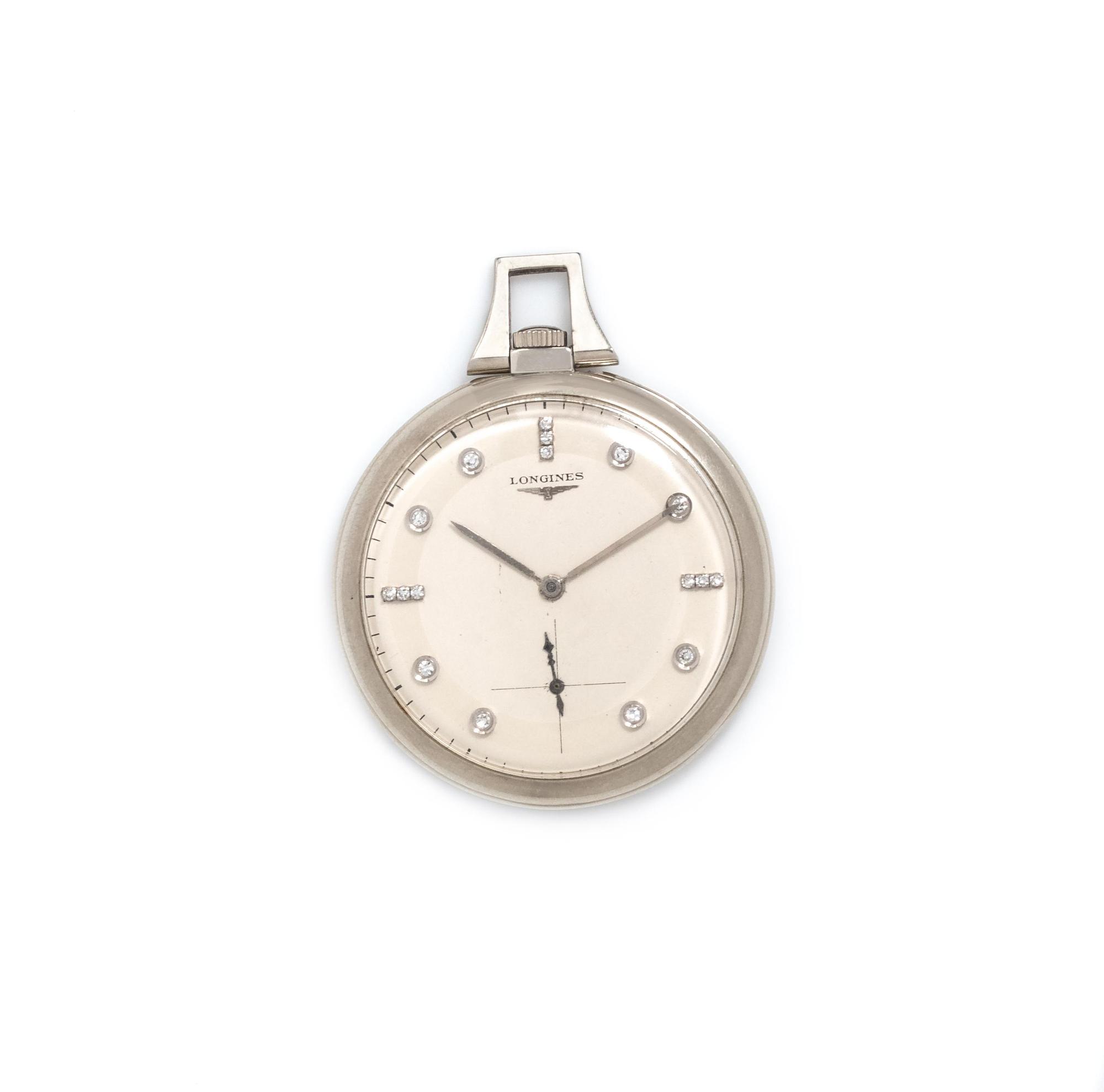 LONGINES, 14K WHITE GOLD AND DIAMOND OPEN FACE POCKET WATCH
