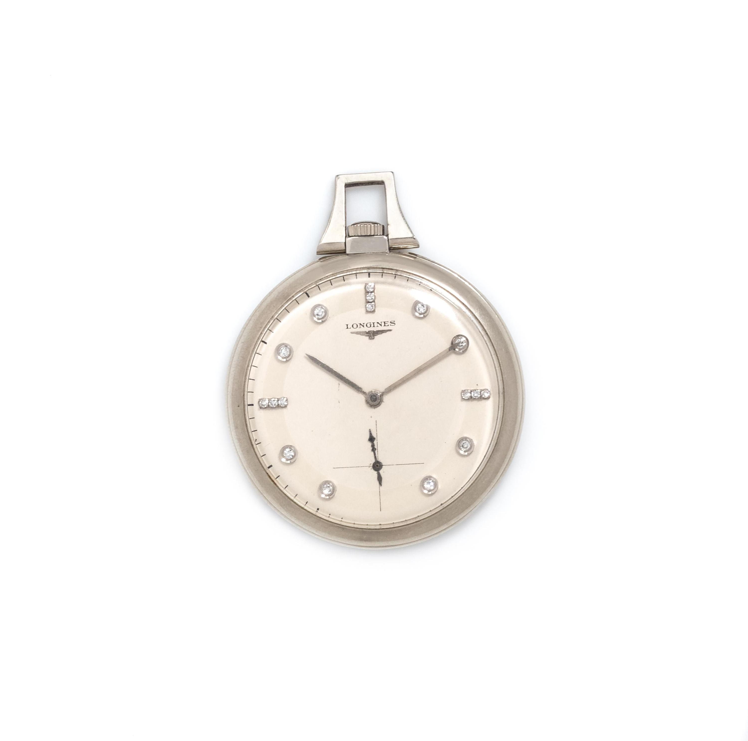 LONGINES, 14K WHITE GOLD AND DIAMOND OPEN FACE POCKET WATCH