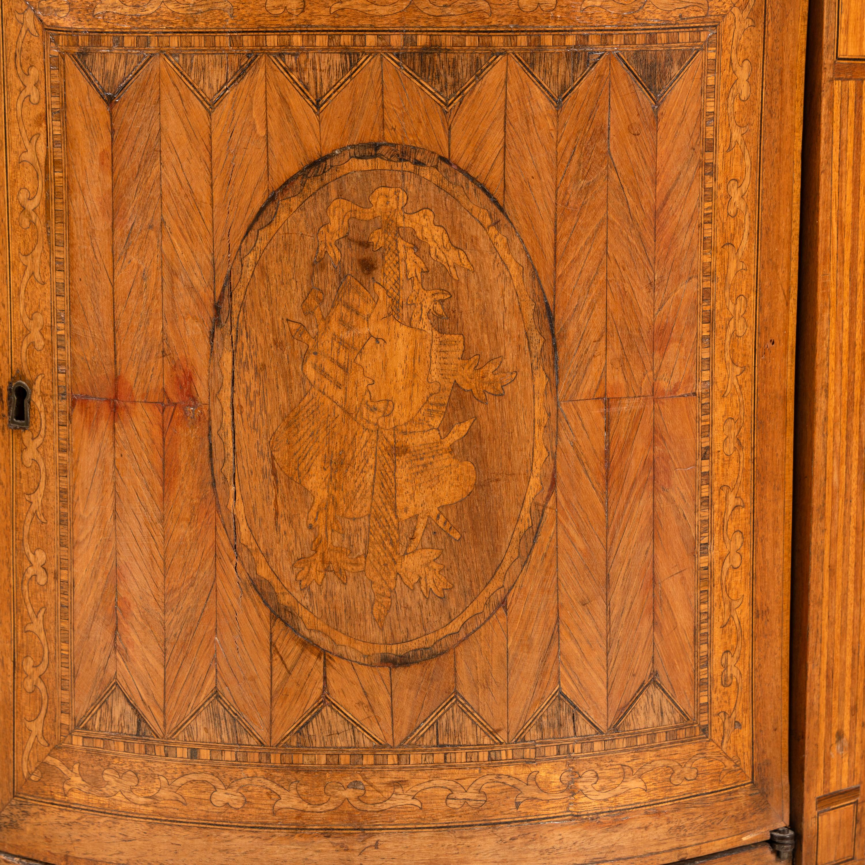 A Pair of Italian Neoclassical Marquetry and Marble-Top Commodini