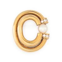 YELLOW GOLD, CULTURED PEARL, AND DIAMOND BROOCH