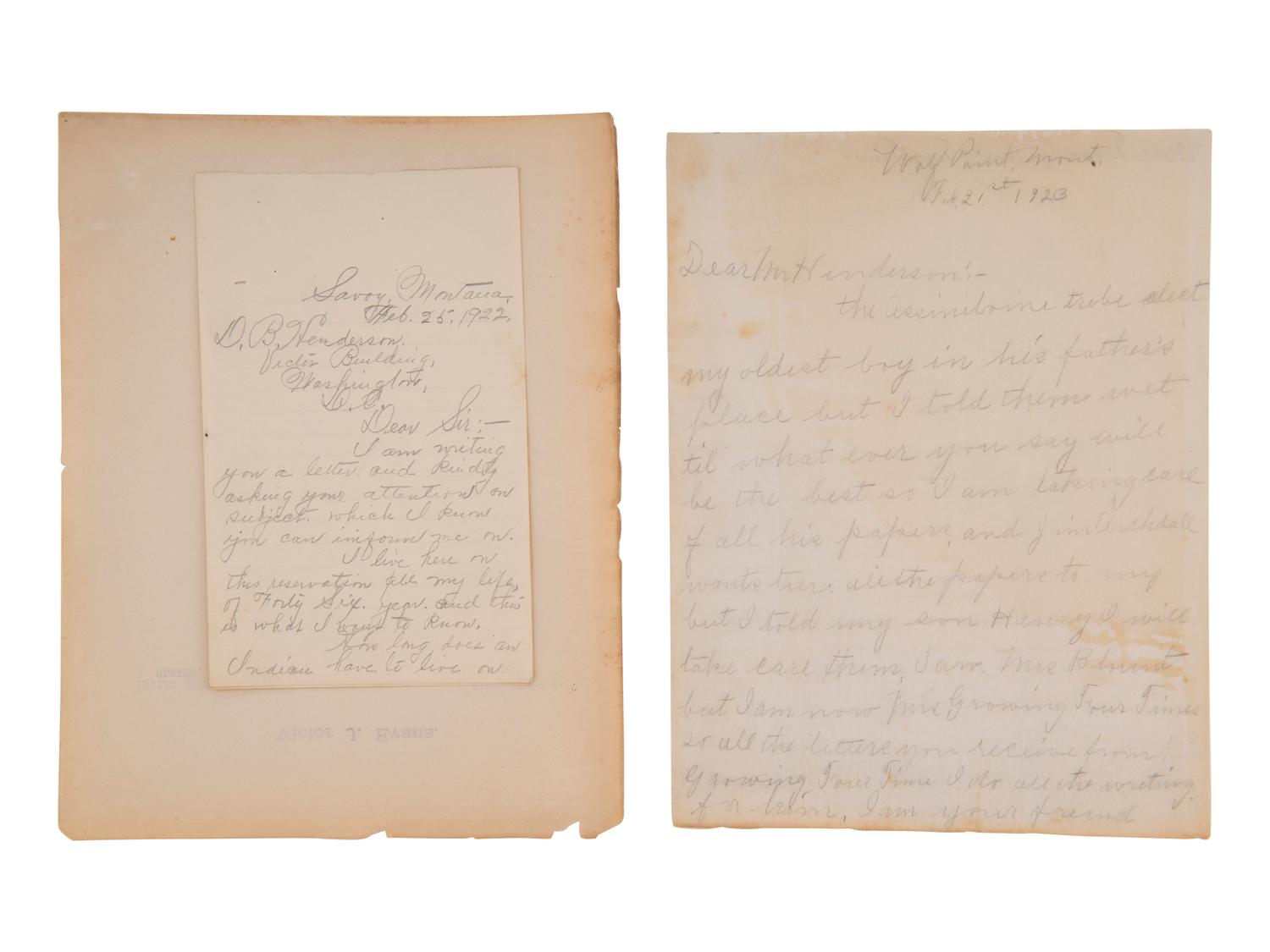 [NATIVE AMERICANS] -- [HENDERSON, Daniel B. (1862-1940)]. An archive of letters and documents mostly related to Henderson's work representing Native American interests of tribes near Fort Peck and Fort Belknap, Montana, including: