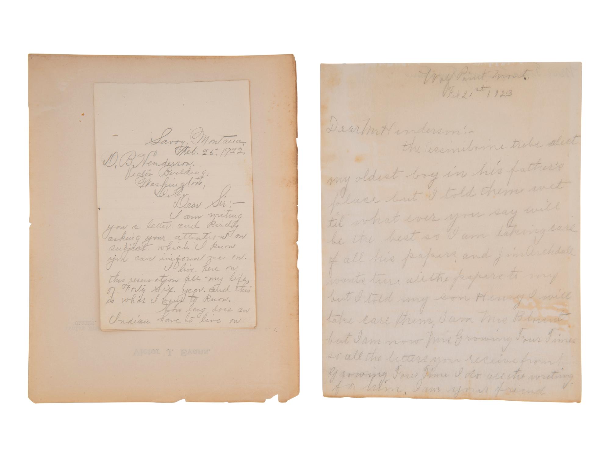[NATIVE AMERICANS] -- [HENDERSON, Daniel B. (1862-1940)]. An archive of letters and documents mostly related to Henderson's work representing Native American interests of tribes near Fort Peck and Fort Belknap, Montana, including: